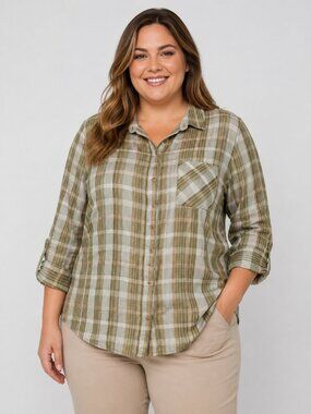 Cato Plus Olive Plaid Button Up Shirt Metallic Accent Roll Tab Sleeve Blouse